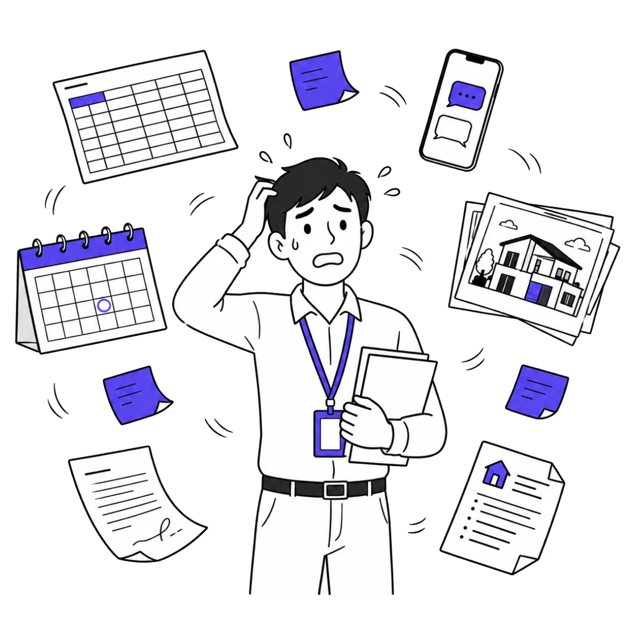 A real estate agent overwhelmed by scattered tools — spreadsheets, photos, sticky notes and documents